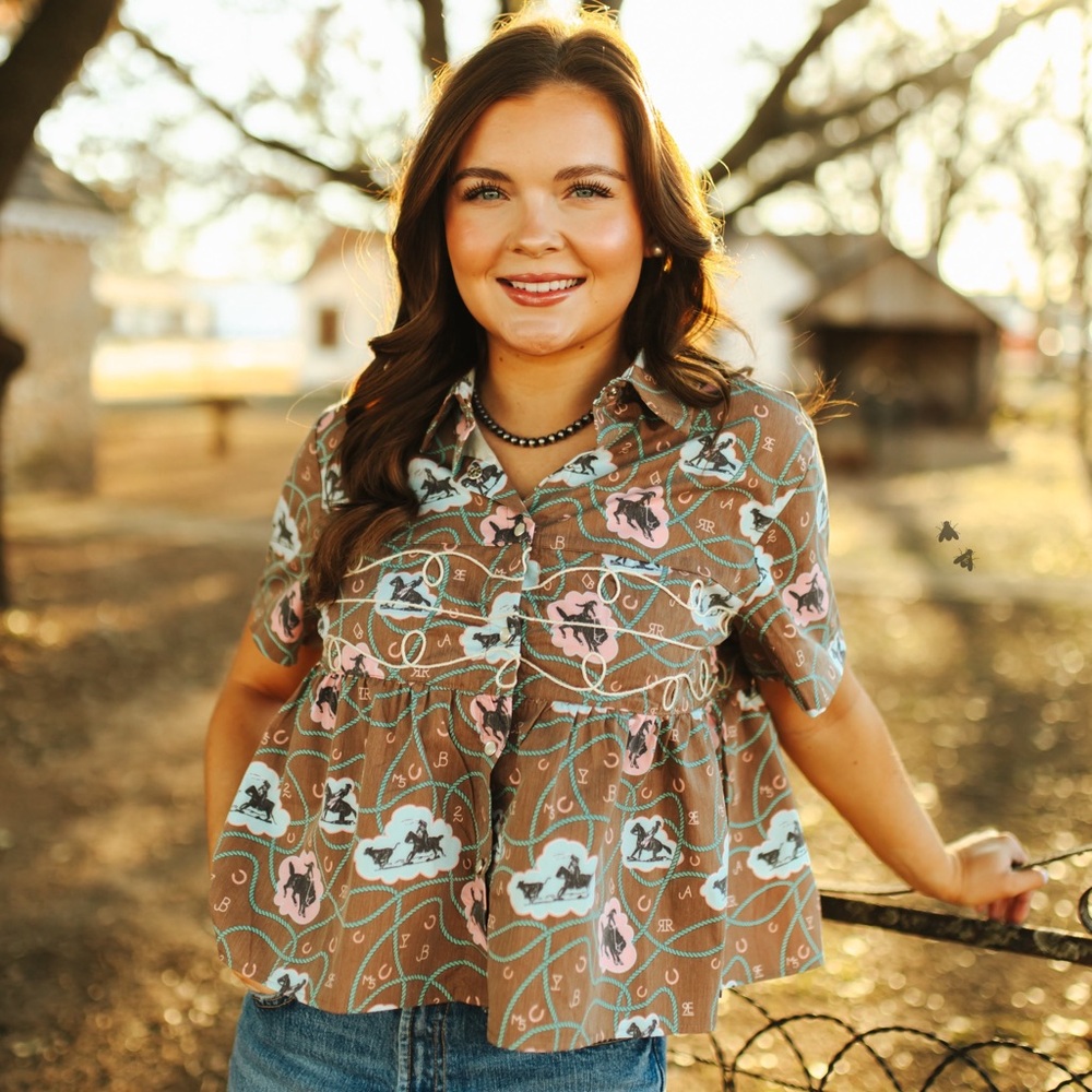 Chic Brown Patterned Button Down Shirt NWT - image 3